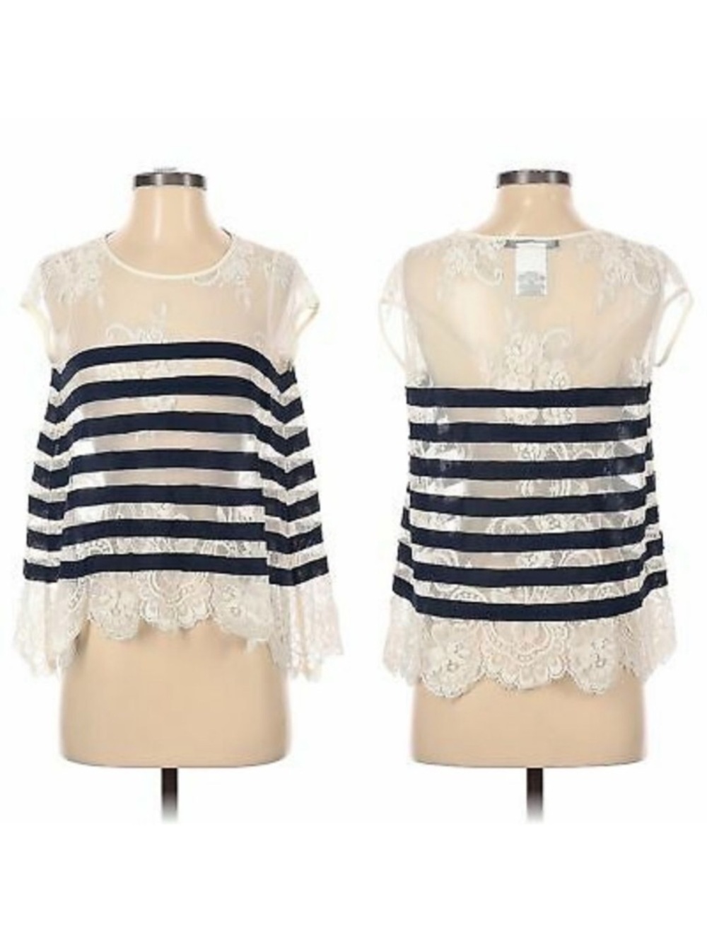 BCBGMAXAZRIA Lace Striped Boxy Sheer Blouse S